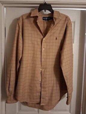 Ralph Lauren Men’s Tan Plaid Button-Down Shirt with Polo Logo